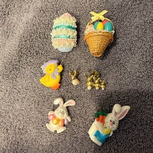 Vintage Easter Themed Brooch Set with Bunnies and Eggs